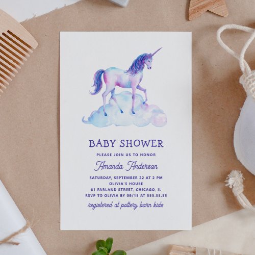 Unicorn girl baby shower Purple blue fairy animal Invitation