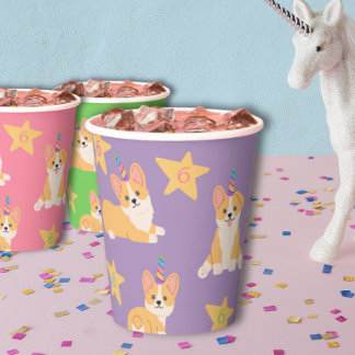Unicorn Girl Birthday, Corgi Custom Age Paper Cups