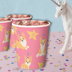 Unicorn Girl Birthday, Corgi Custom Age Paper Cups