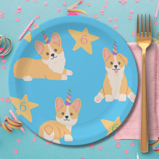 Unicorn Girl Birthday, Corgi Custom Age Paper Plates