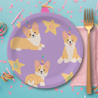 Unicorn Girl Birthday, Corgi Custom Age Paper Plates
