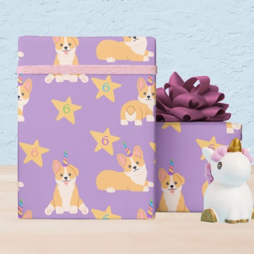 Unicorn Girl Birthday Corgi Custom Age Wrapping Paper