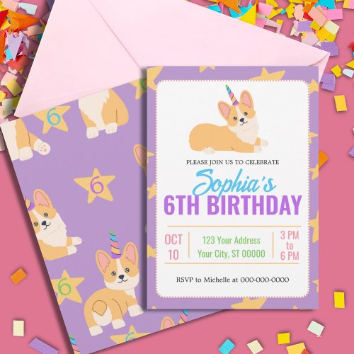 Unicorn Girl Birthday Corgi Party  Invitation