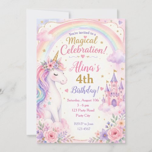 Unicorn Girl Birthday Invitations - Rainbow