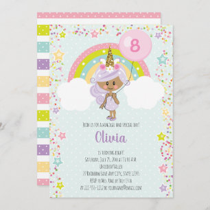 Unicorn Girl Birthday Invite Any Age Dark Skin