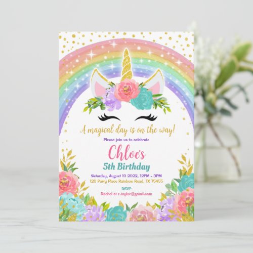 Unicorn Girl Birthday Party Invitation 