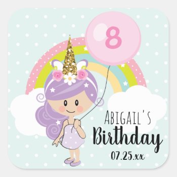 Unicorn Girl Birthday Party Thank You Square Sticker by OccasionInvitations at Zazzle