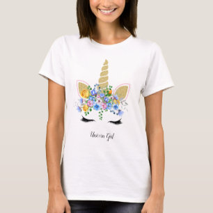 Unicorn Girl Cute Gold Glitter Blue Floral Outfit T-Shirt