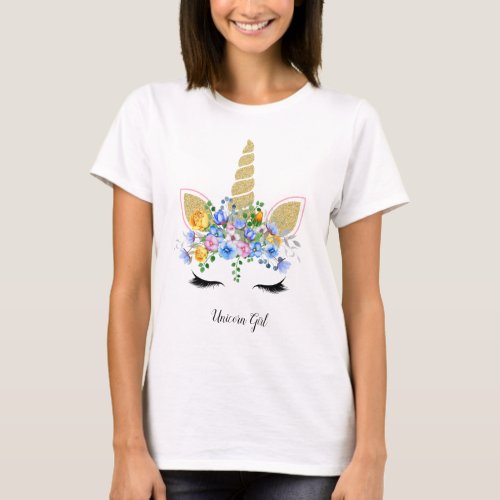 Unicorn Girl Cute Gold Glitter Blue Floral Outfit T_Shirt