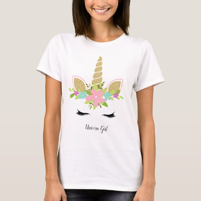 Unicorn Girl Cute Gold Glitter Floral Outfit T-Shirt (Front)