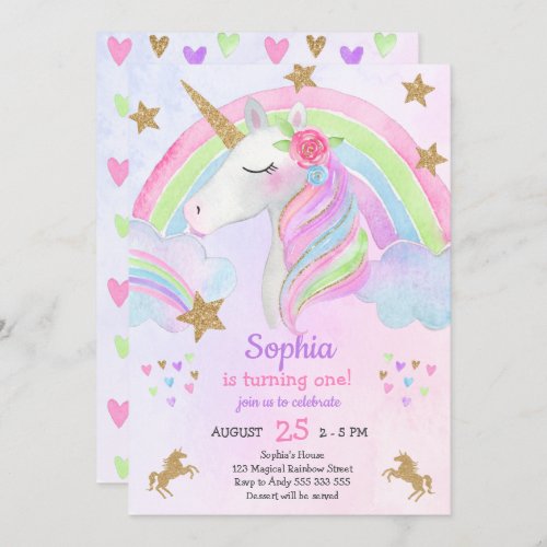 Unicorn Girl First Birthday Rainbow Watercolor Invitation
