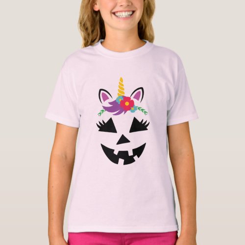 Unicorn Girl Jack o Lantern Pumpkin Face Halloween T_Shirt