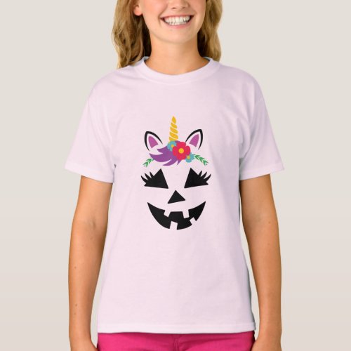 Unicorn Girl Jack o Lantern Pumpkin Face Halloween T_Shirt