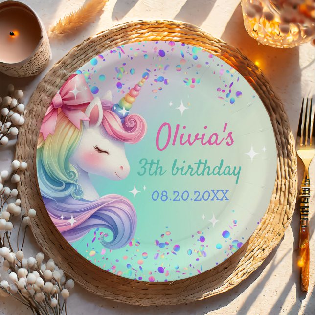 Unicorn Girl Magical Pastel Rainbow Birthday Paper Plates (Creator Uploaded)