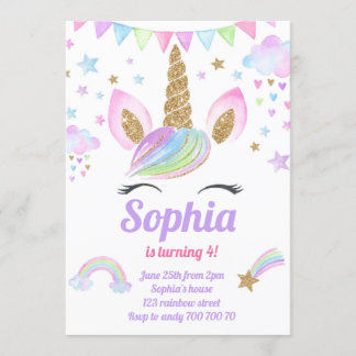 Unicorn Girl Magical Pastel Rainbow Pink Birthday Invitation