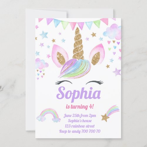 Unicorn Girl Magical Pastel Rainbow Pink Birthday Invitation