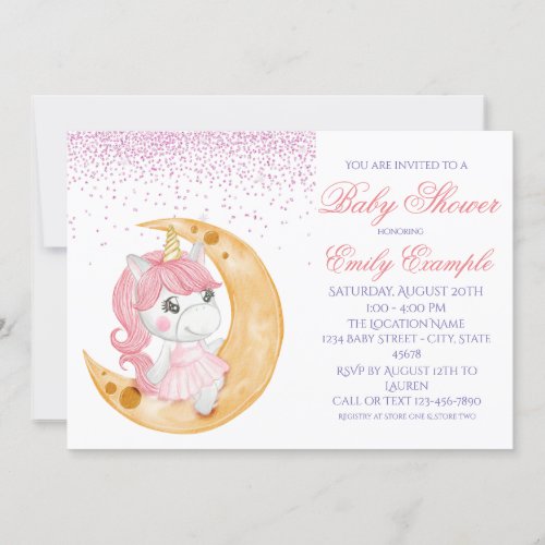 Unicorn Girl On The Moon Baby Shower Invitations