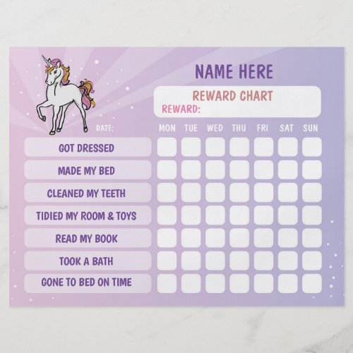Unicorn Girl Reward Chart Personalised Planner Flyer