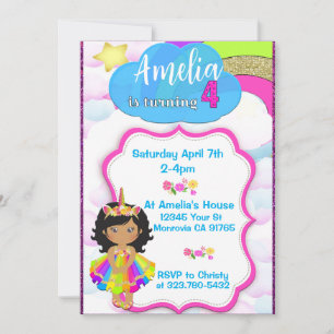 Unicorn girls 4th birthday party invitation
