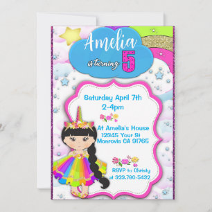 Unicorn girls 5th birthday party invitation