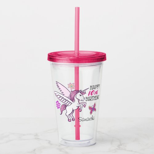 Unicorn Girls Birthday Party Age Favor Acrylic Tumbler