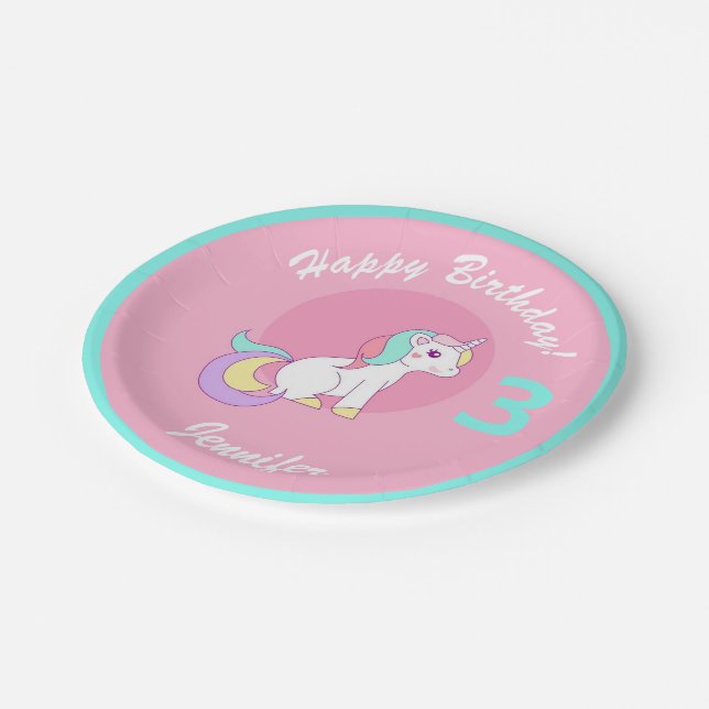 Unicorn Girls Birthday Pink Name & Age Cute Party Paper Plates (Angled)