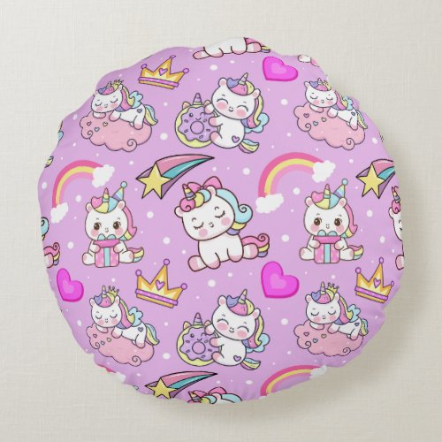 Unicorn Girls Cartoon Rainbow Love Hearts Pattern Round Pillow