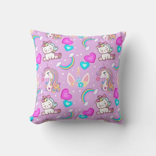 Unicorn Girls Cartoon Rainbow Love Hearts Pattern Throw Pillow