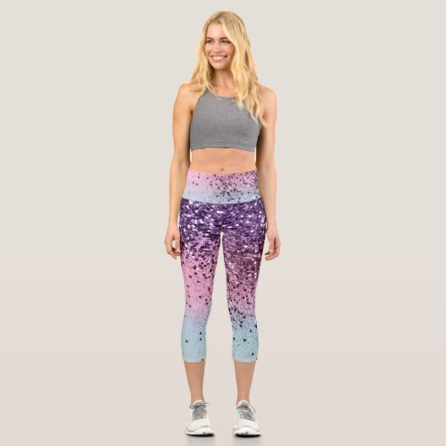 Unicorn Girls Glitter 6c Faux Glitter shiny  Capri Leggings