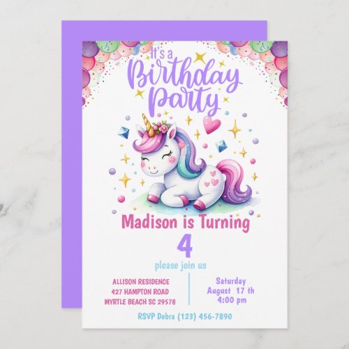 Unicorn Girls Rainbow Colors  Birthday Invitation