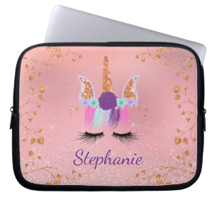 Unicorn Girly Blush Pink Glitter Monogram Laptop Sleeve
