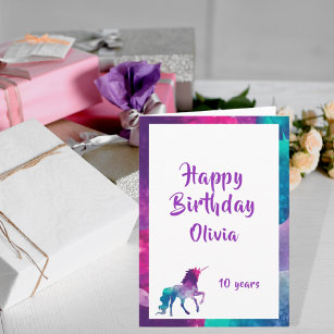 Unicorn girly fantasy pink purple 10th birthday card