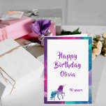Unicorn girly fantasy pink purple 10th birthday card<br><div class="desc">A fantasy unicorn in pink,  purple and turquoise for a young girl/teen girl's birthday.  A frame in pink,  purple and turquoise. Purple letters and the text: Happy Birthday.  Templates for name and age. 
Inside: Space for you to write by hand.</div>