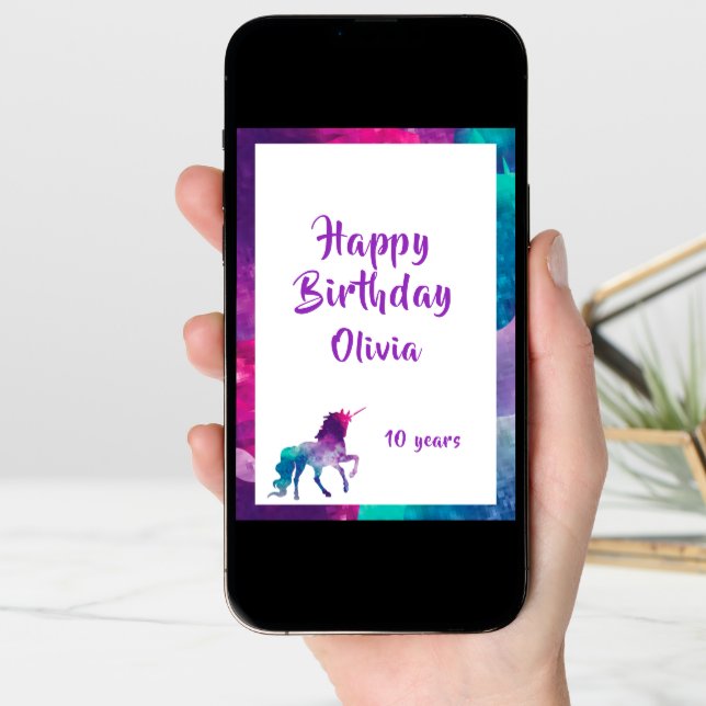 Unicorn girly fantasy pink purple 10th birthday card (Front Digital)