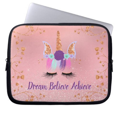 Unicorn Girly Pink Dream Believe Achieve Laptop Sleeve