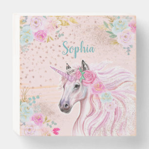 Unicorn Girly Pink Floral Gold Glitter Custom Wooden Box Sign