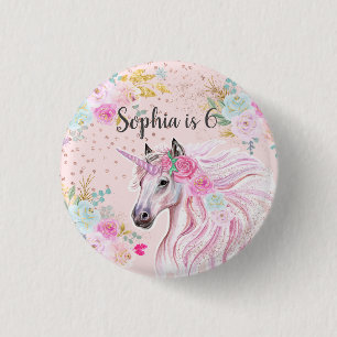 Unicorn Girly Pink Floral Gold Glitter Name Age Button