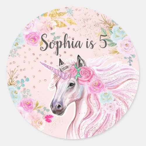Unicorn Girly Pink Floral Gold Glitter Name Age Classic Round Sticker