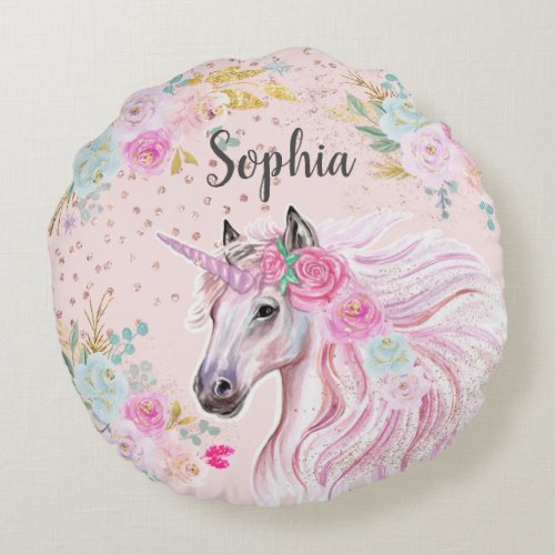 Unicorn Girly Pink Floral Gold Glitter Name Age  Round Pillow