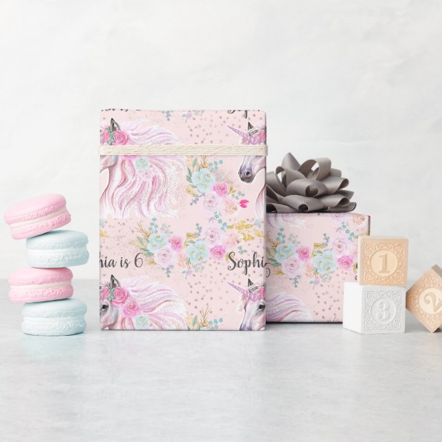 Unicorn Girly Pink Floral Gold Glitter Name Age  Wrapping Paper (Baby Shower)