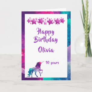 Unicorn girly pink purple stars 10th birthday card