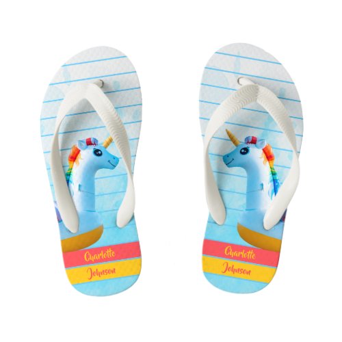 Unicorn Girly Pink Yellow Blue Water Name Kids Flip Flops