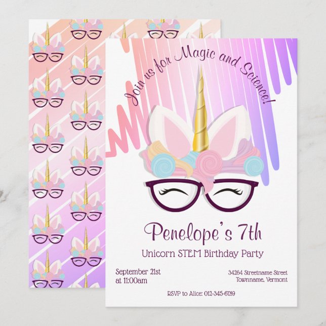 Unicorn Glasses Magical STEM Birthday Invitation (Front/Back)