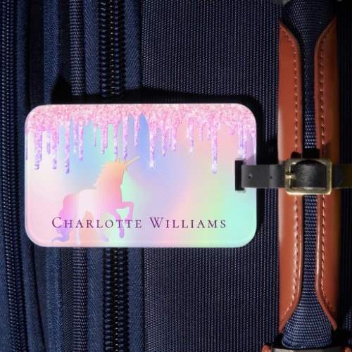 Unicorn glitter blush pink holographic name luggage tag