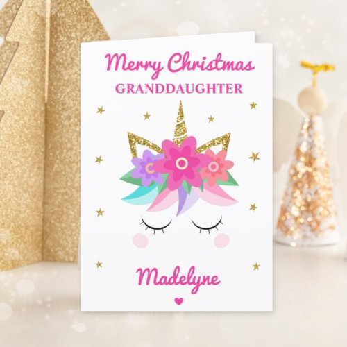 Unicorn Glitter Christmas For Granddaughter Pink Holiday Card