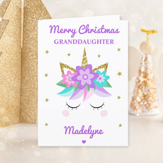 Unicorn Glitter Christmas For Granddaughter Purple Holiday Card
