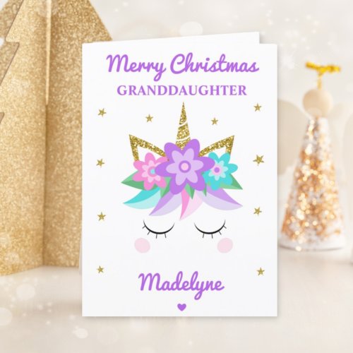 Unicorn Glitter Christmas For Granddaughter Purple Holiday Card