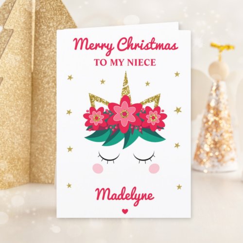 Unicorn Glitter Christmas For Niece Holiday Card