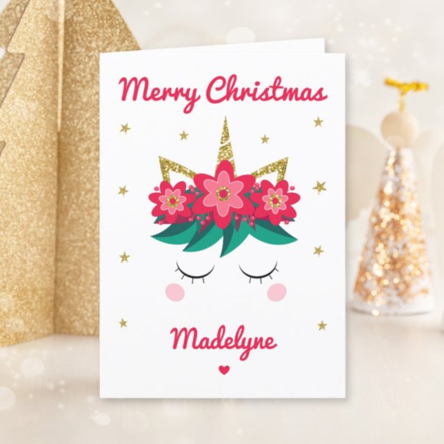 Unicorn Glitter Christmas Personalized Name Holiday Card (Creator Uploaded)