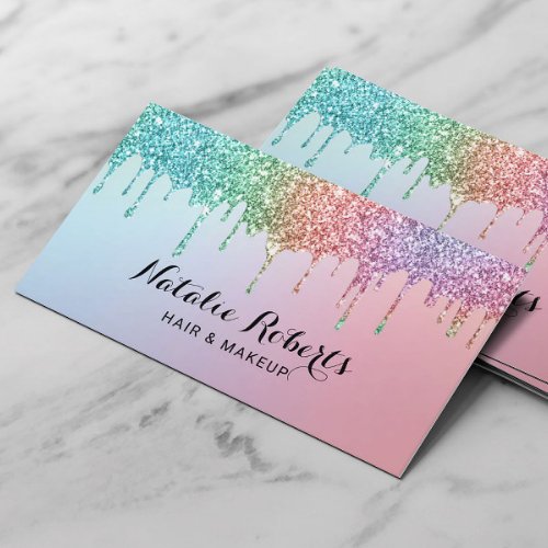 Unicorn Glitter Drips Holographic Beauty Salon Business Card